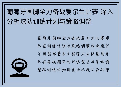 葡萄牙国脚全力备战爱尔兰比赛 深入分析球队训练计划与策略调整