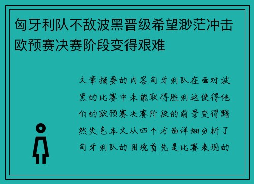 匈牙利队不敌波黑晋级希望渺茫冲击欧预赛决赛阶段变得艰难